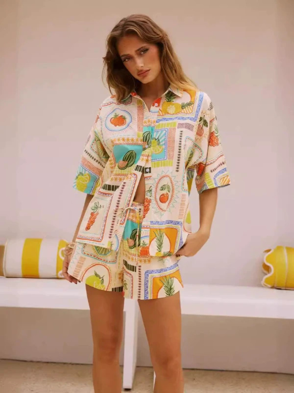 ZARA Versatile Linen Print Casual Shirt Jacket Shorts Set